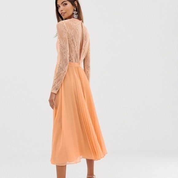 ASOS long sleeve lace panelled pleat midi dress - Picture 2 of 4